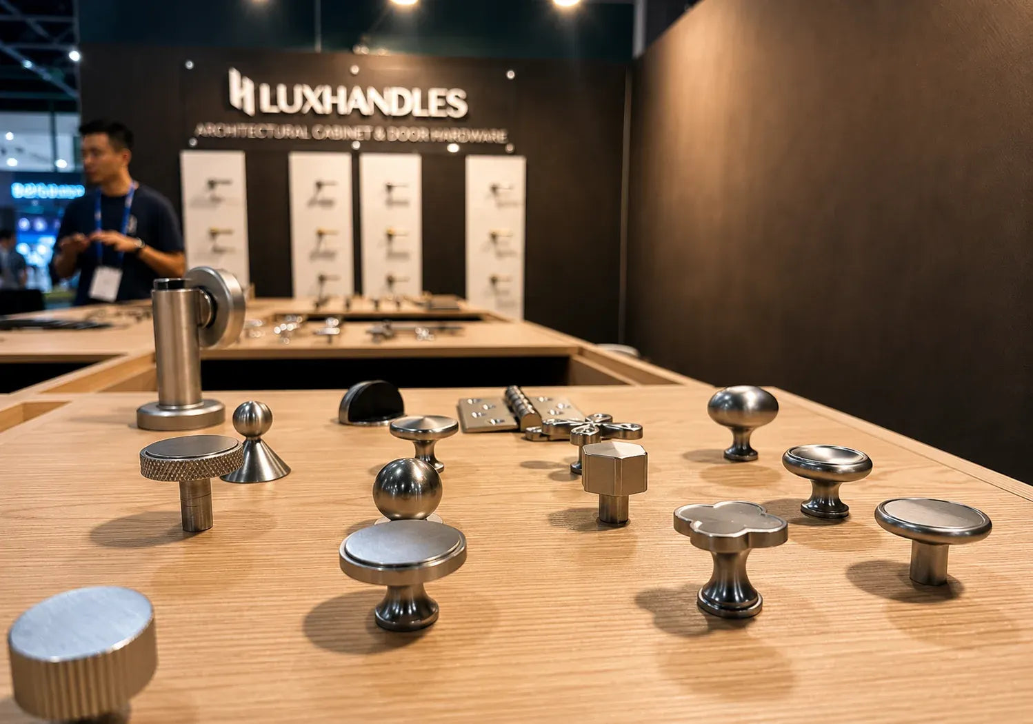 Cabinet knobs and handles displayed at the Luxhandles trade show booth