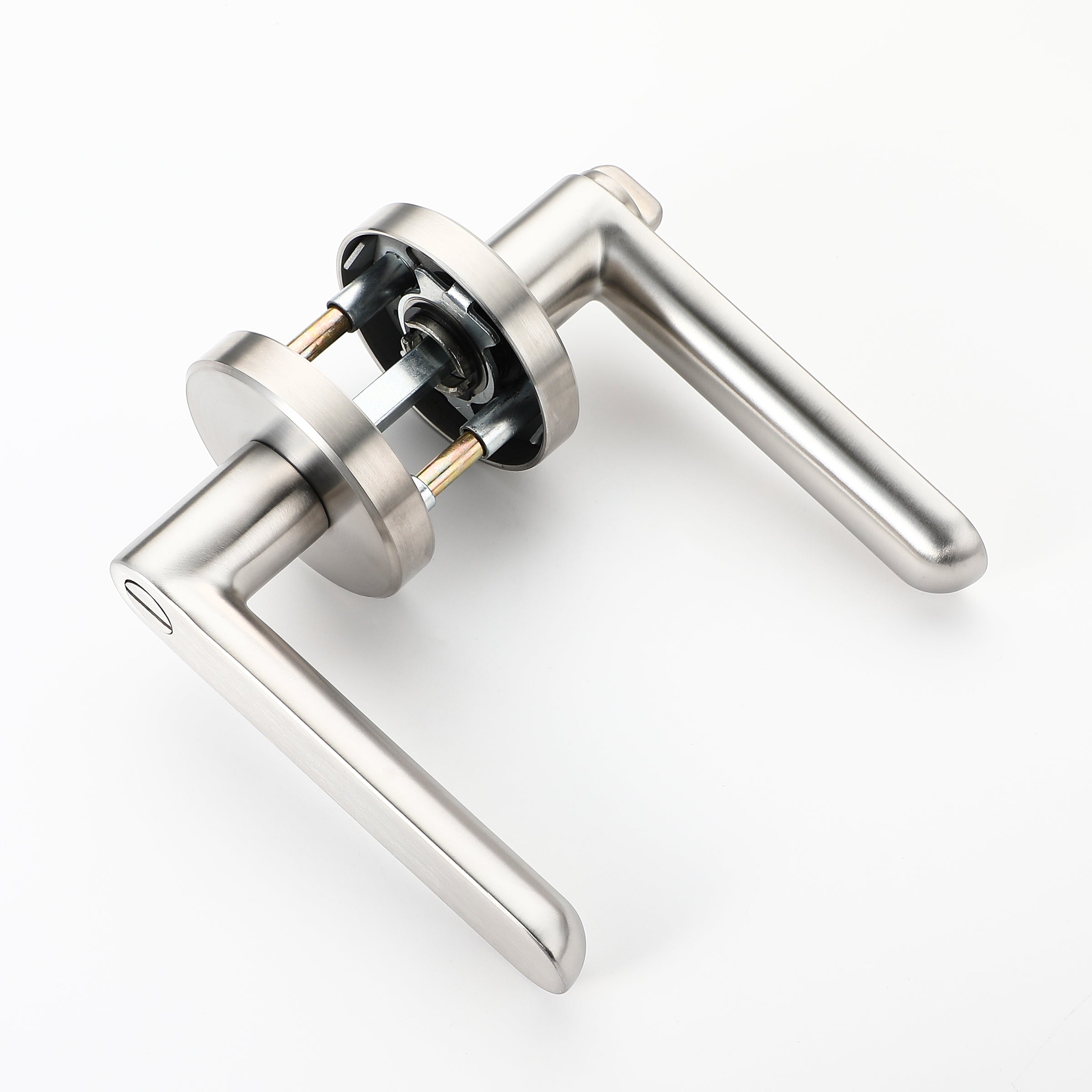 Close-up of a Brushed Nickel Privacy Lever Handle