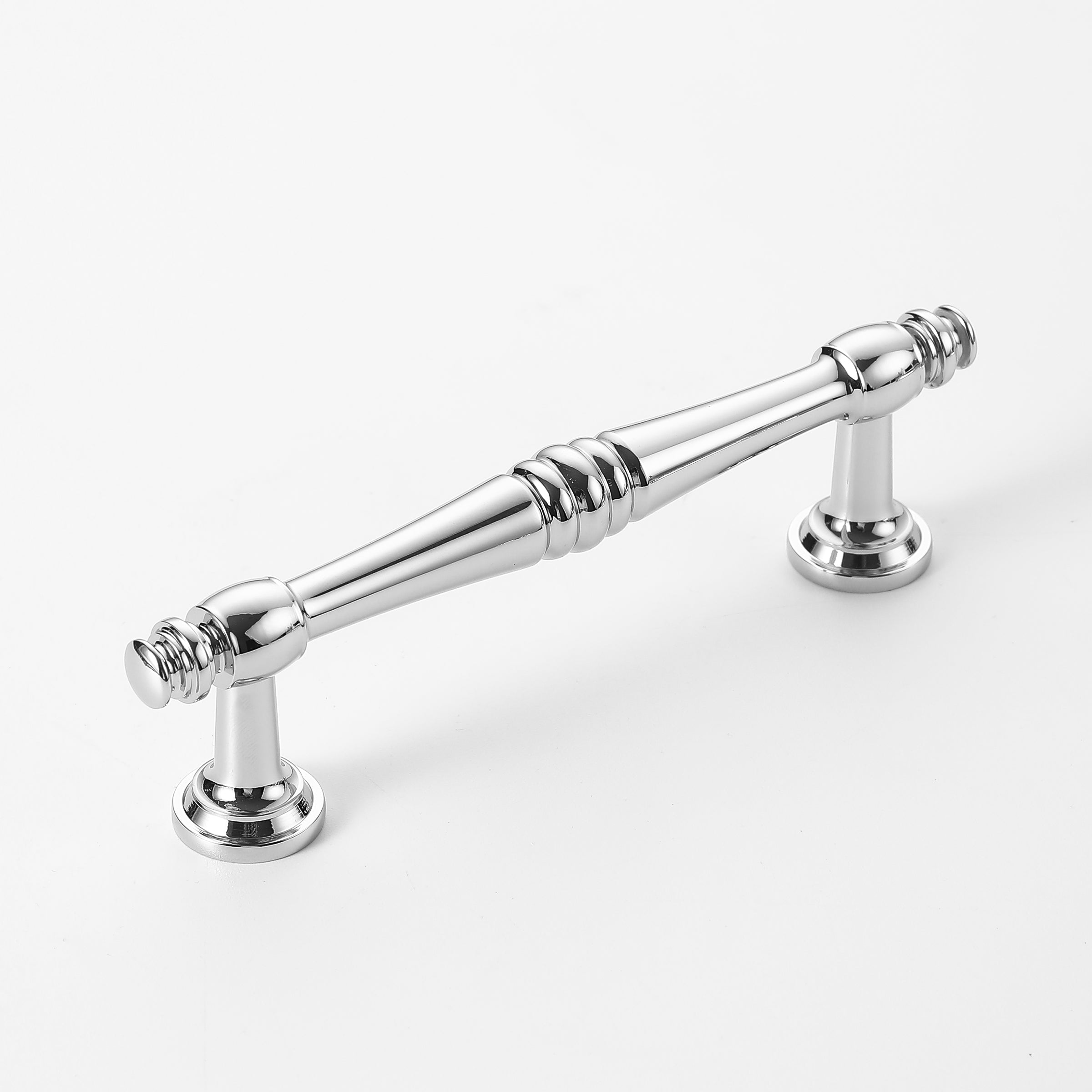 Polished chrome cabinet handle with elegant spindle detailing for kitchen cabinets.