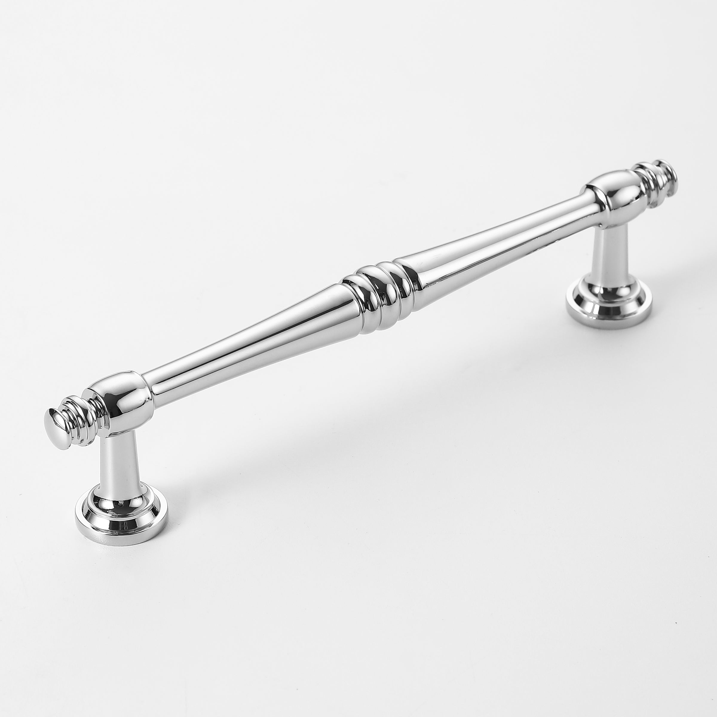 Silver chrome kitchen cabinet handle with sleek spindle design