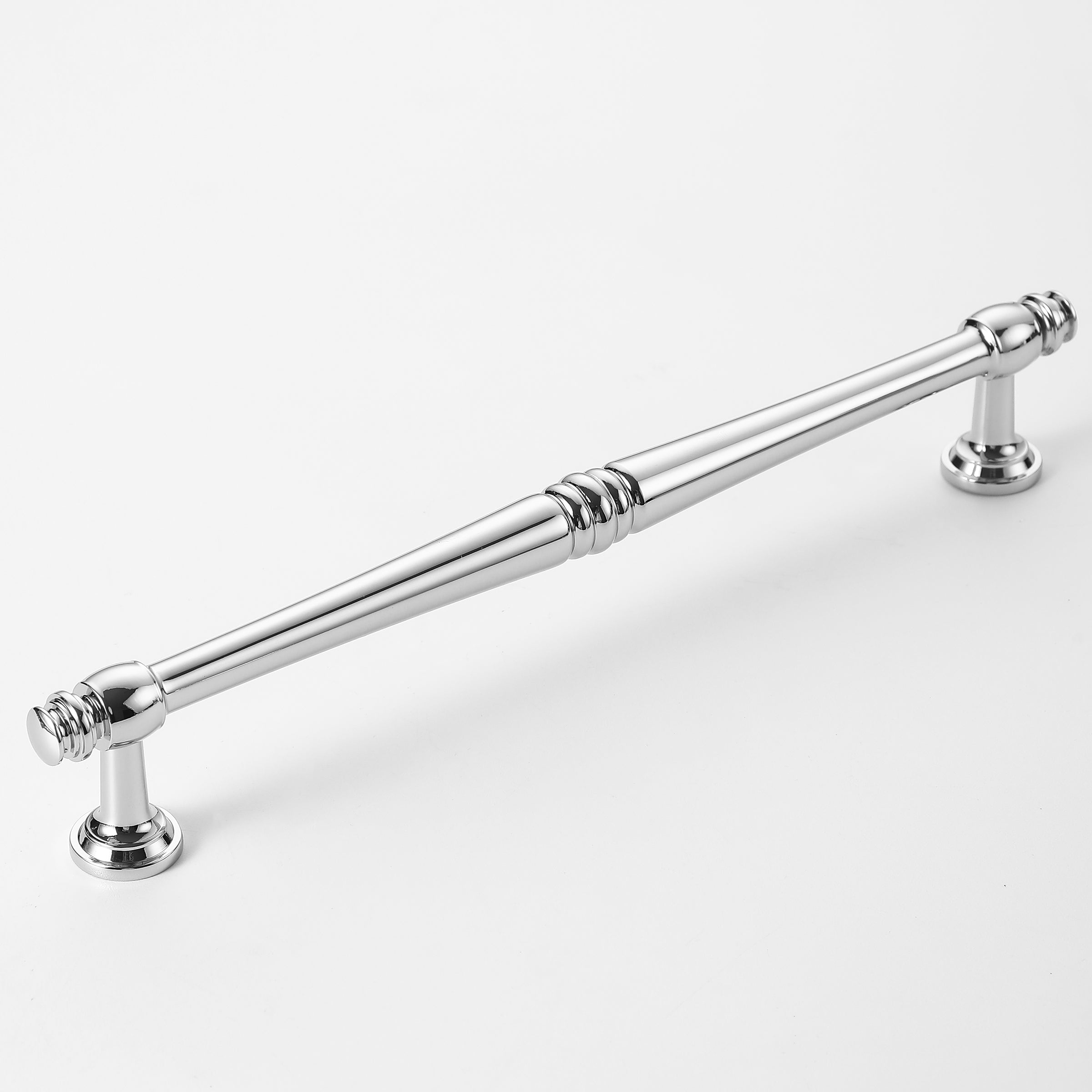 Extra-long polished chrome kitchen handle with spindle detailing and smooth finish.