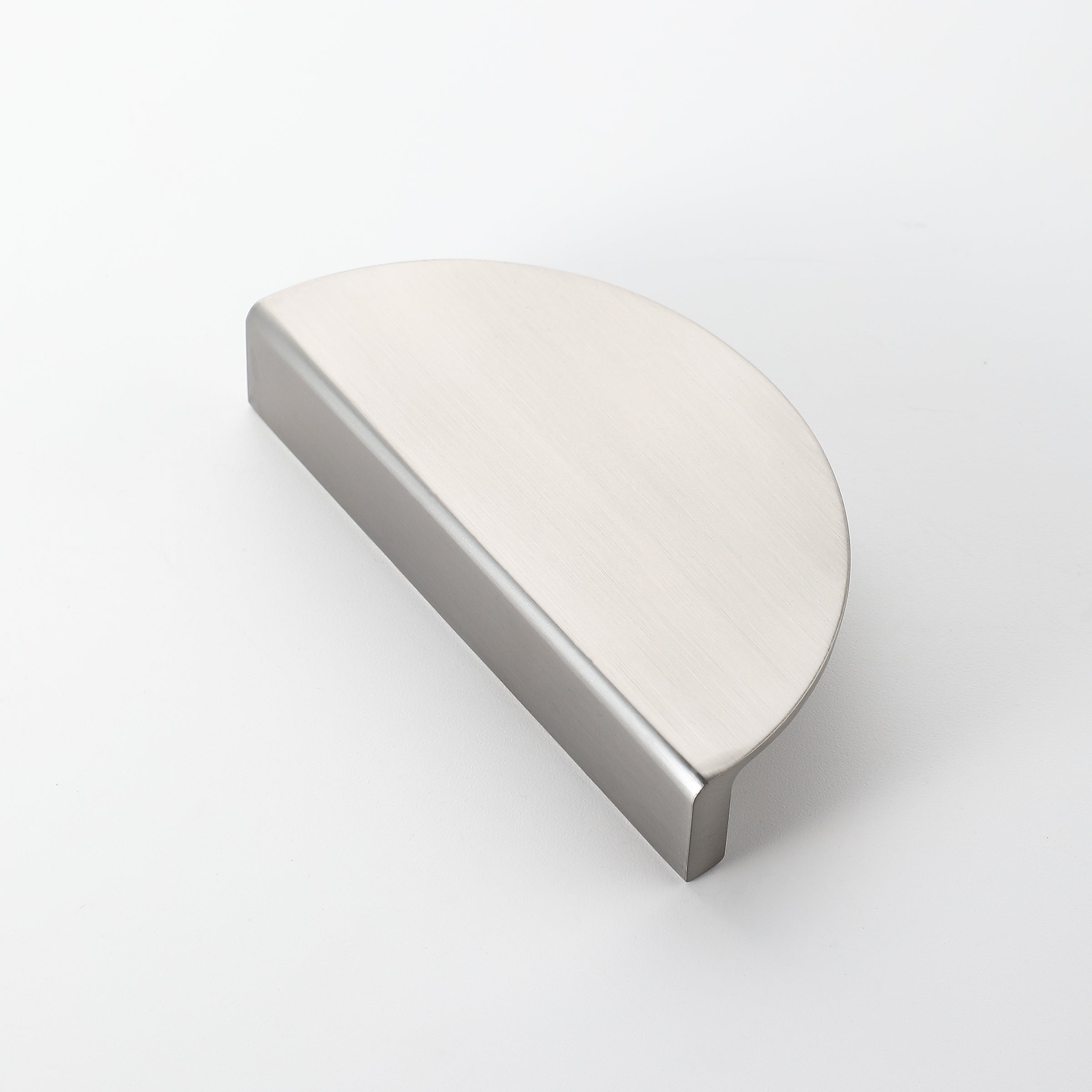 Half moon drawer pull in satin nickel finish with smooth brushed surface, ideal for modern cabinets.
