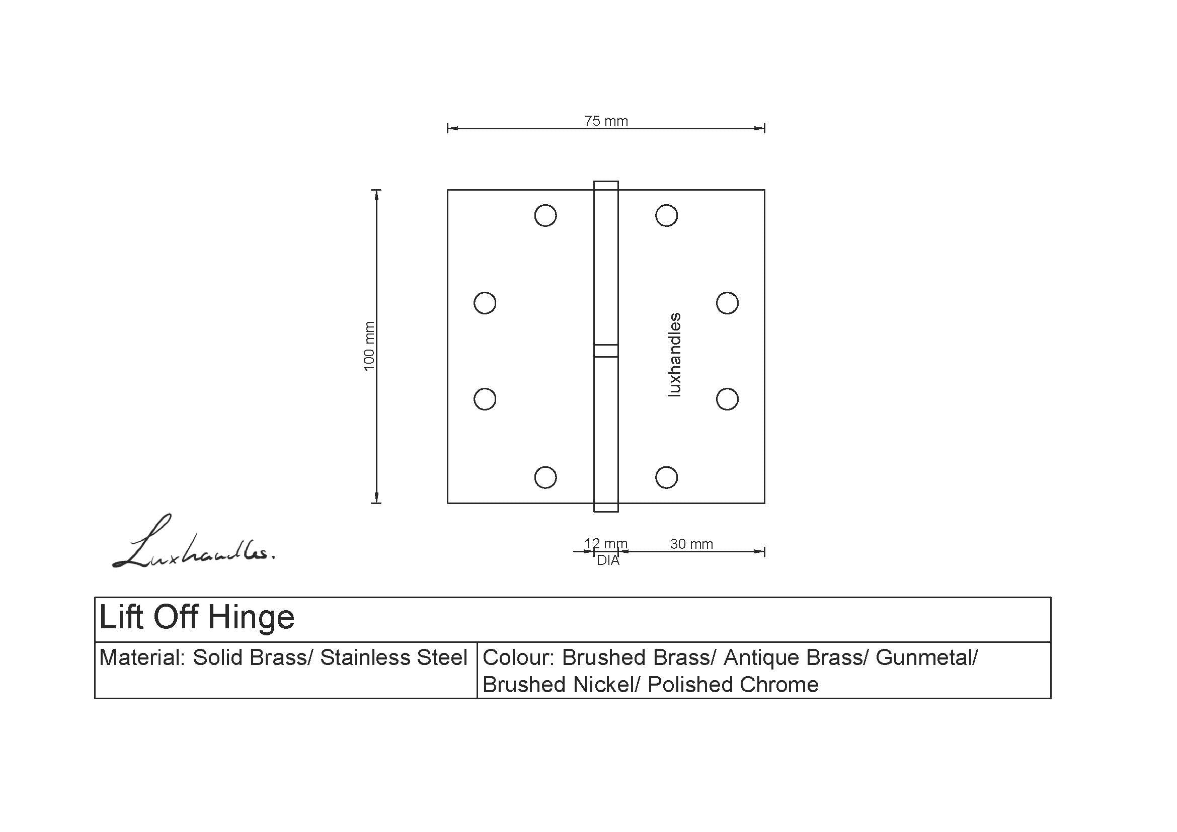 Right-Hand Lift Off Hinge dimensions