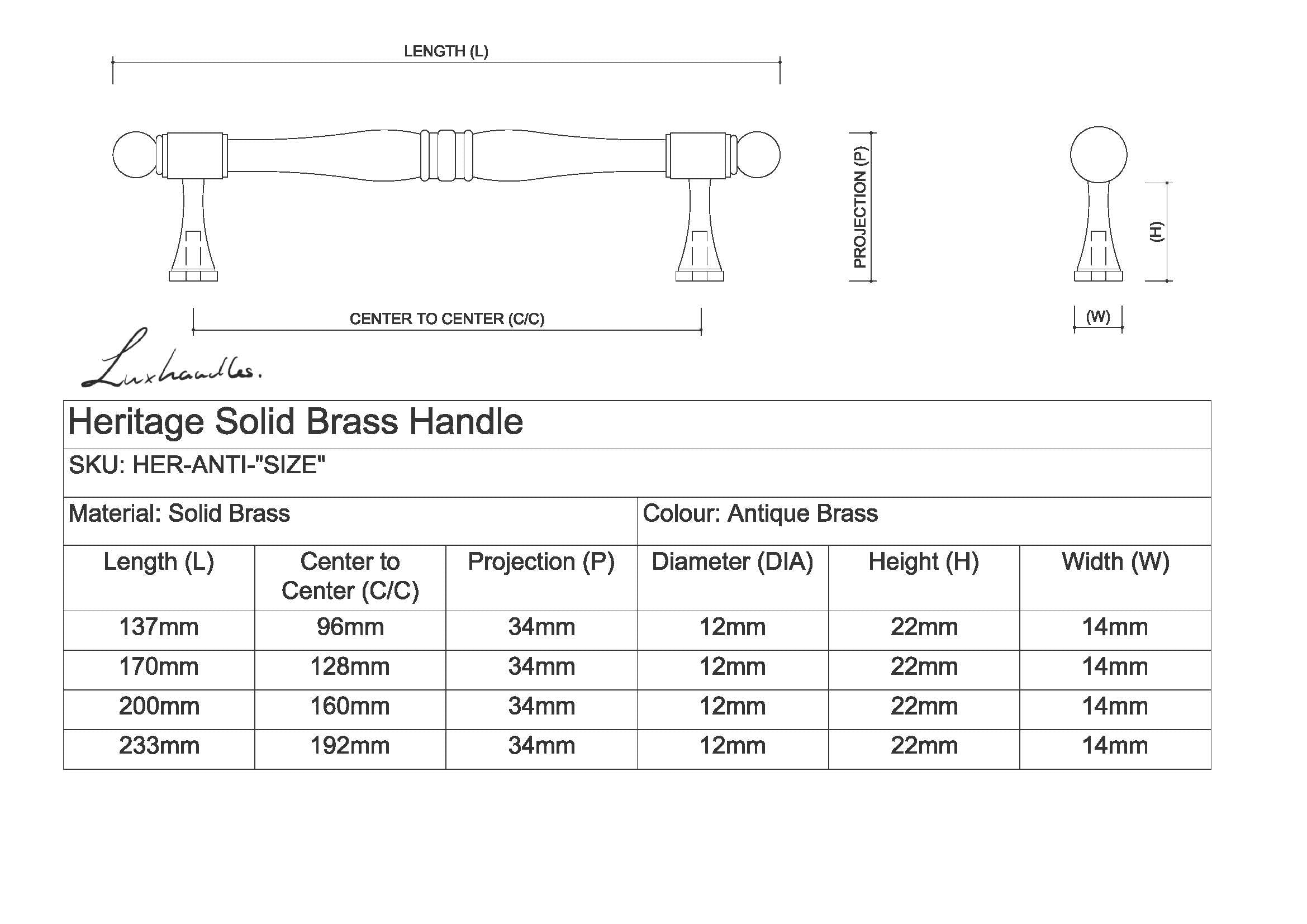 Heritage Brass Handle size chart