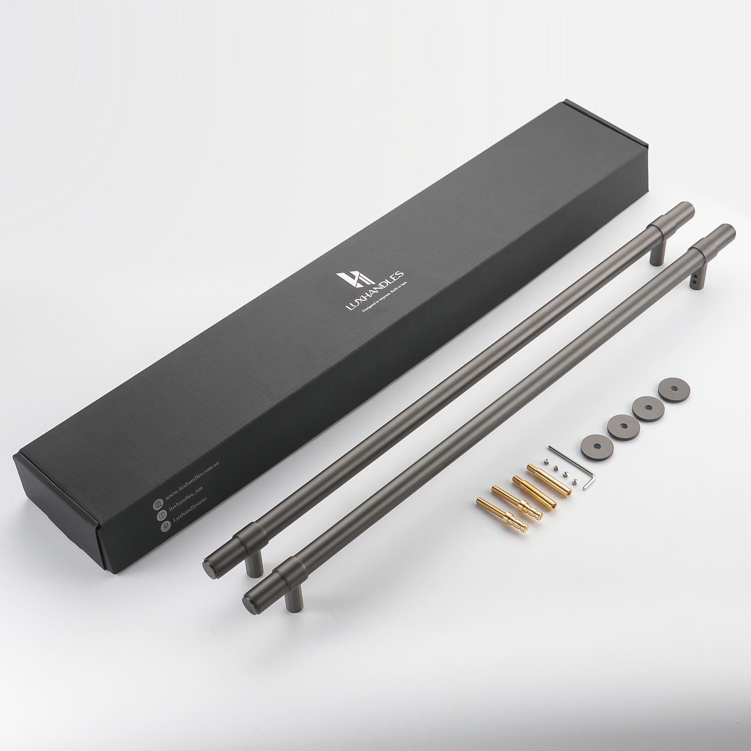 Belgravia brass entrance pull handle with LuxHandles packaging and mounting hardware, gunmetal