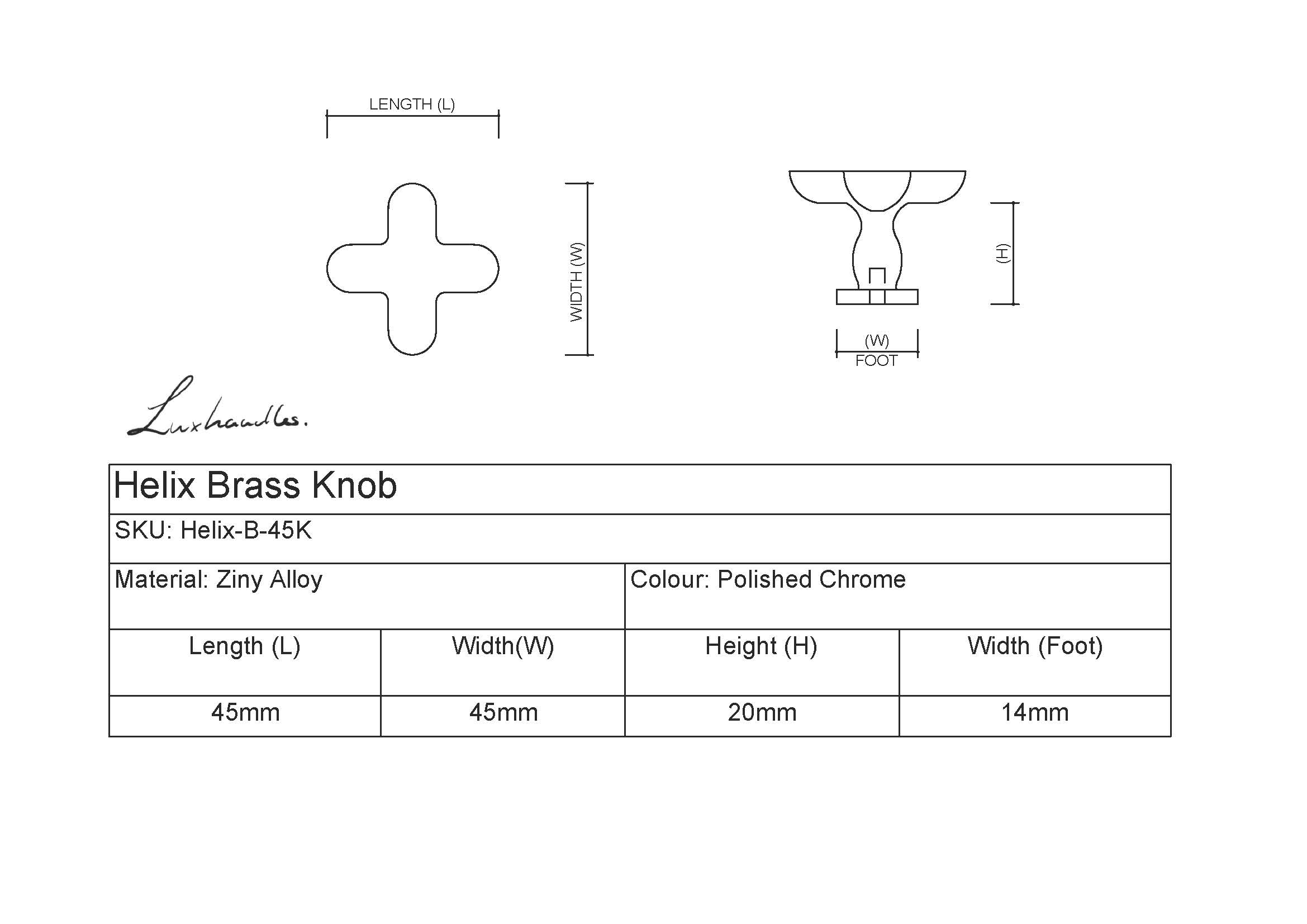 Helix Brass Knob- Dimensions