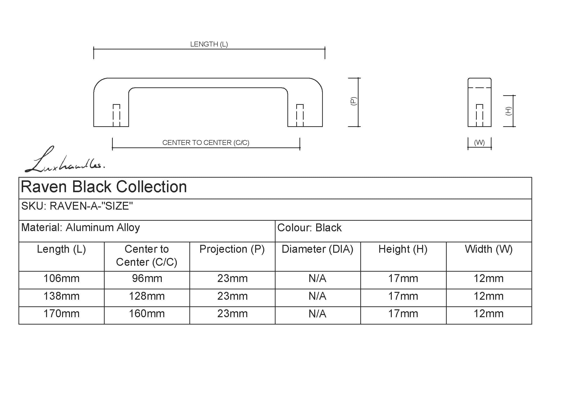 Raven Black Collection size chart