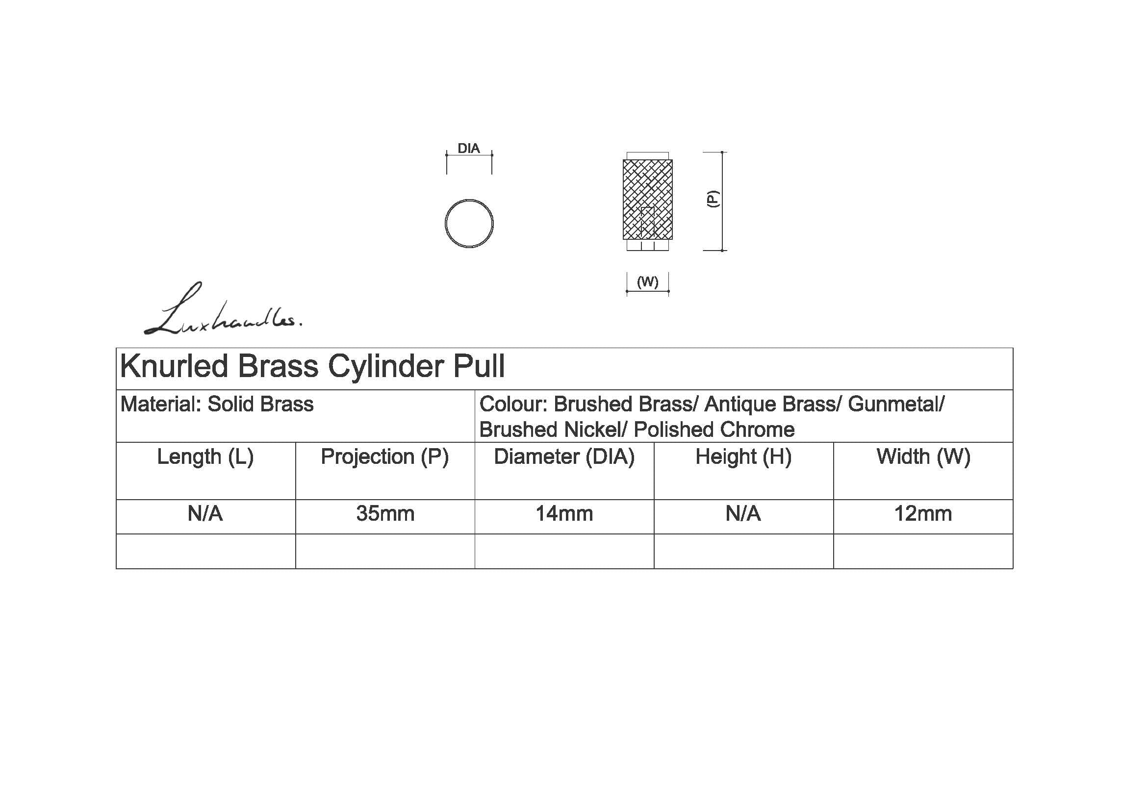 Knurled Brass Cylinder Pull spec
