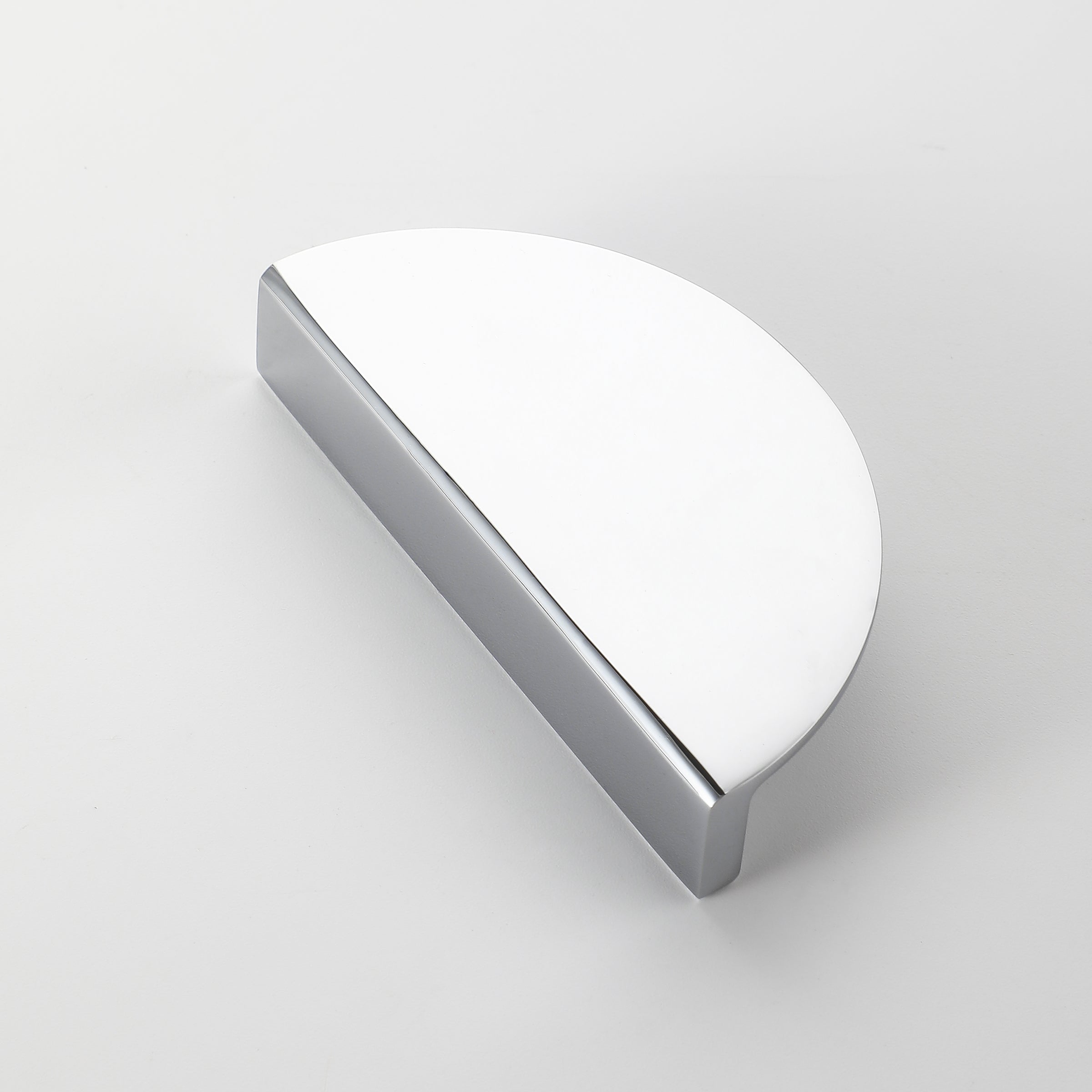 Half moon dresser handle with high-gloss polished chrome finish, contemporary cabinet hardware.