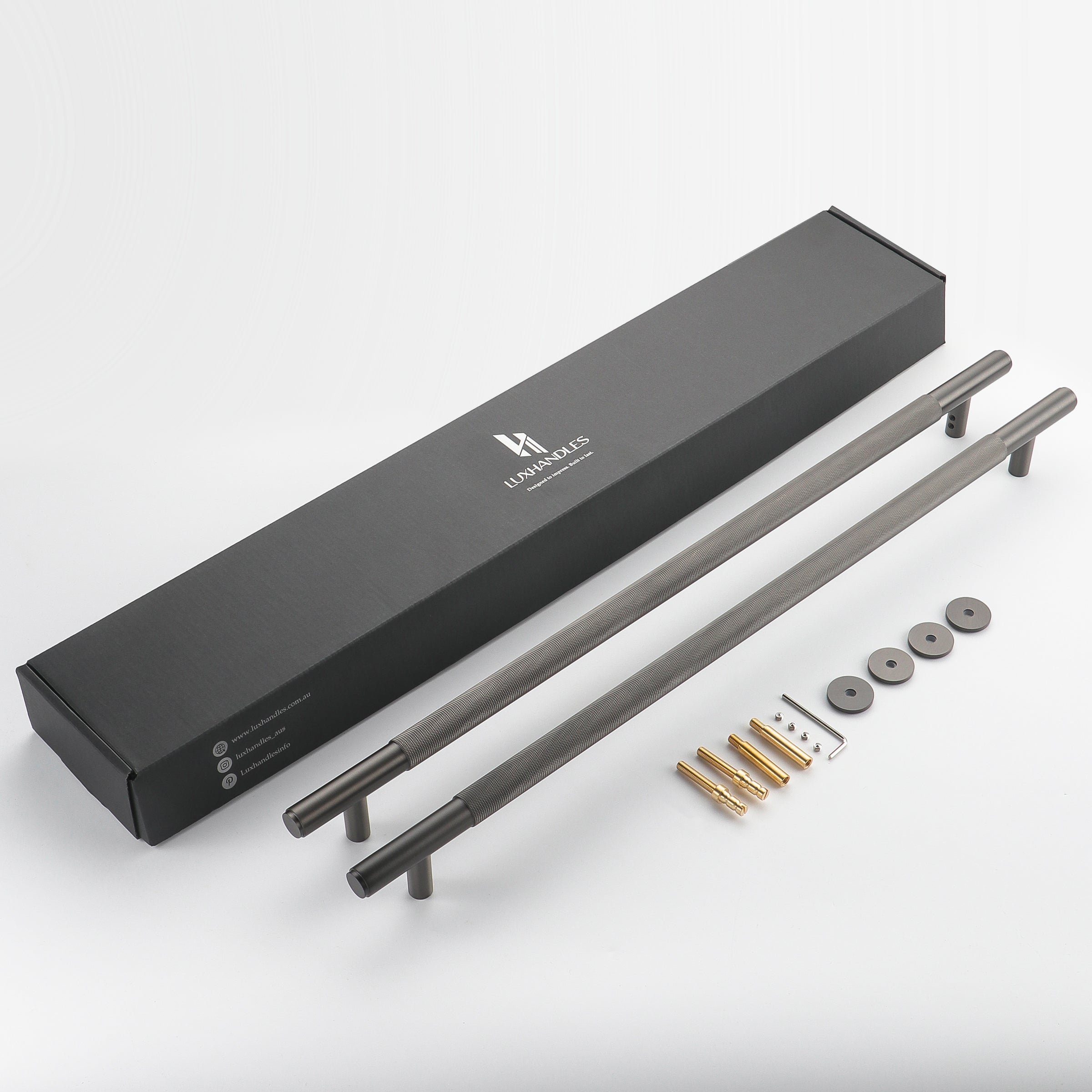 Knurled brass entrance pull handle with LuxHandles packaging and mounting hardware, gunmetal