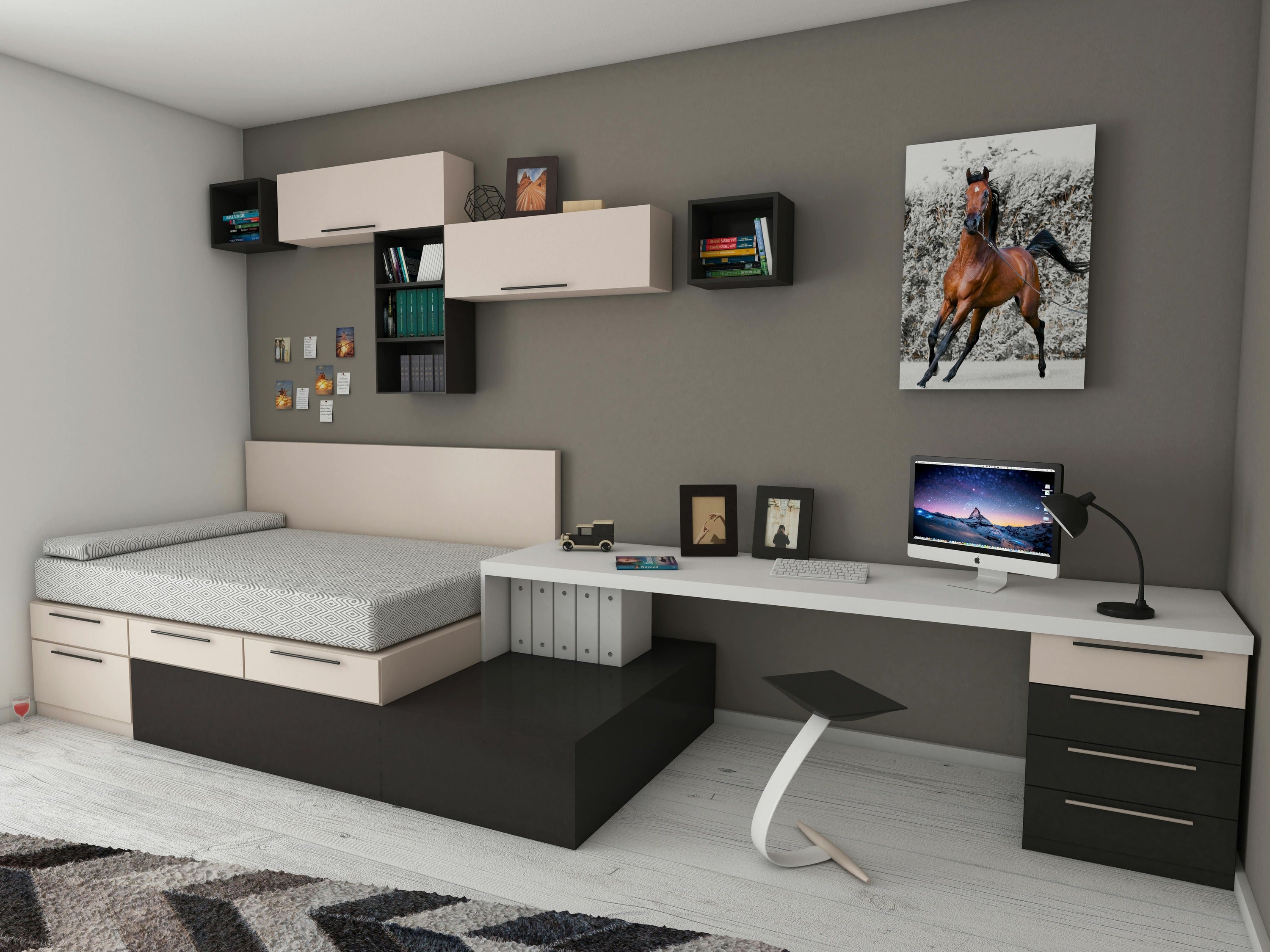 A modern bedroom features a bed with storage drawers, a desk with a computer, and wall-mounted shelves