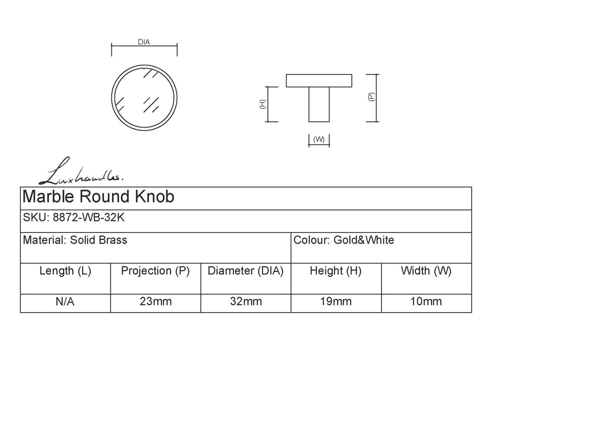 Marble Round Knob | Brushed Brass 32 mm | LuxHandles Australia