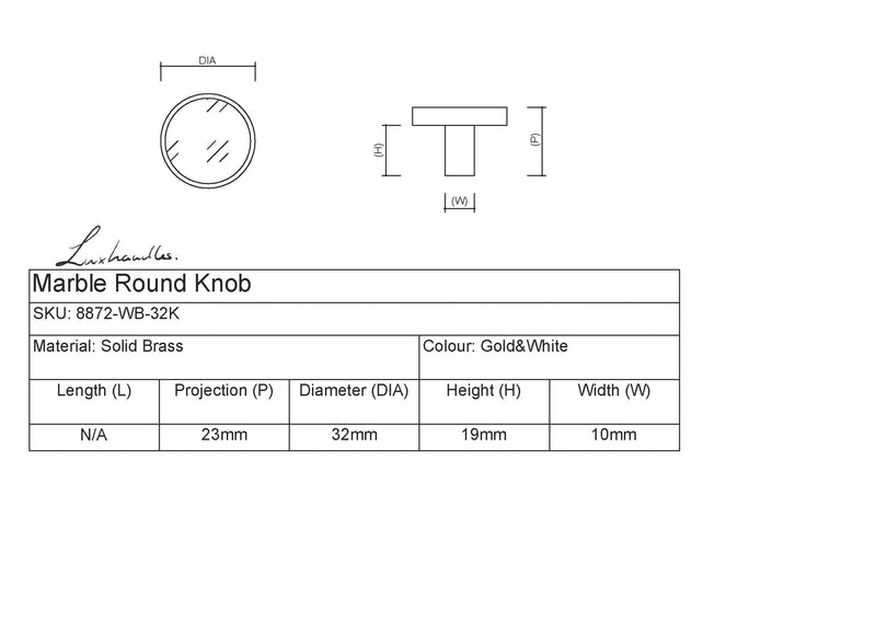 Marble Round Knob | Brushed Brass 32 mm | LuxHandles Australia
