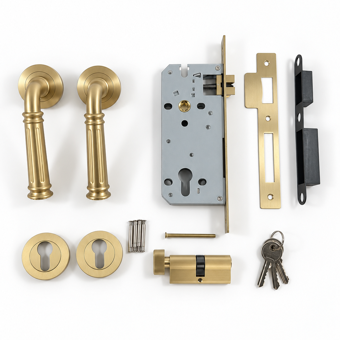 Victorian entrance door handle set in Brushed Brass: levers, euro mortice lock, cylinder, escutcheons, strike plate and keys