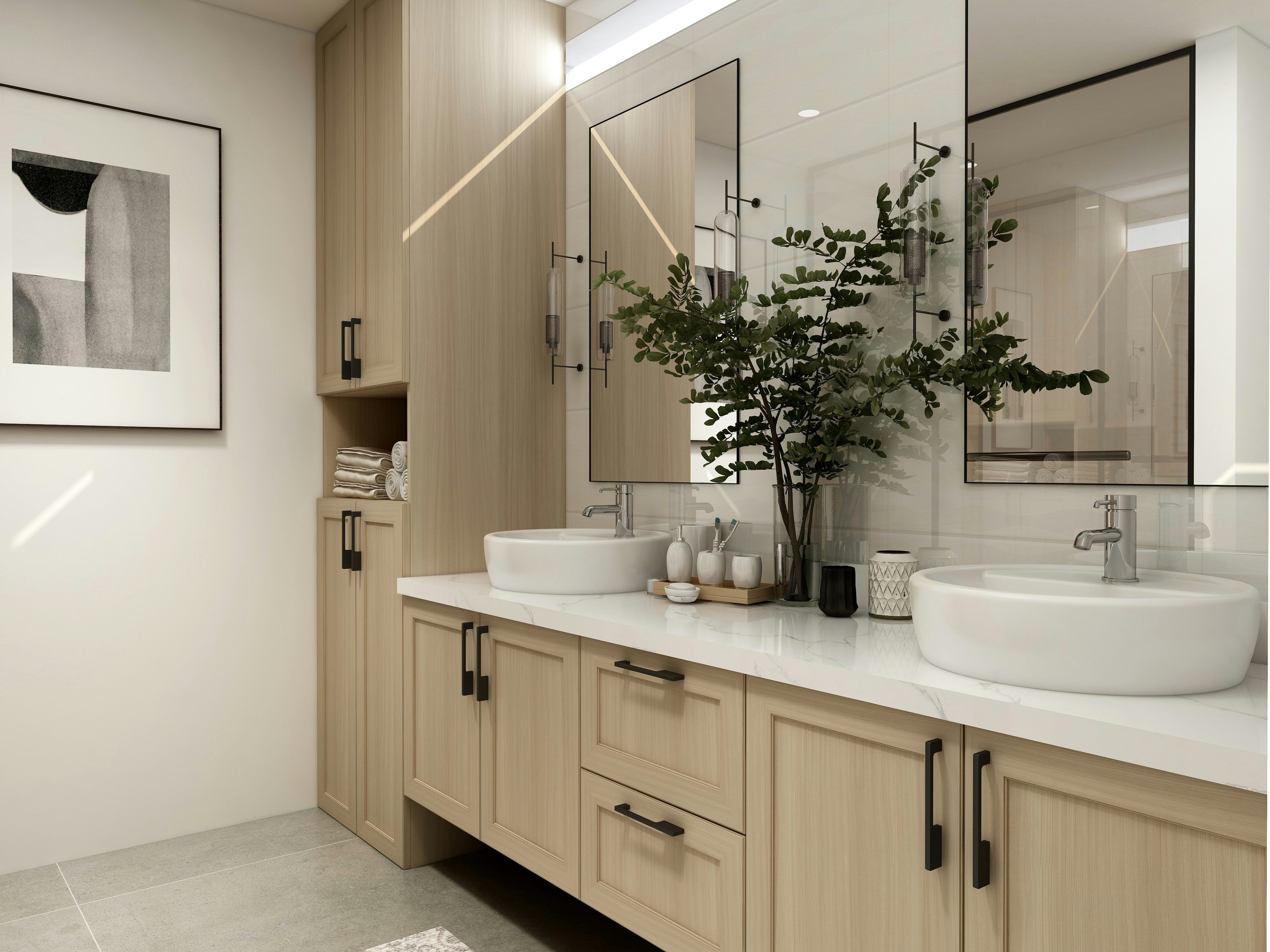 Modern bathroom with light wooden cabinets and black handles