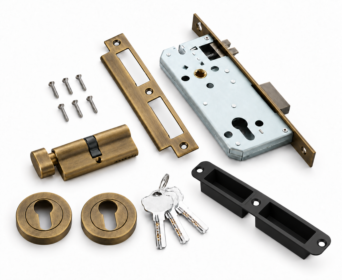Euro Mortice Lock Set in Antique Brass: lock body, euro cylinder, escutcheons, strike plate, dust box, 3 keys and screws